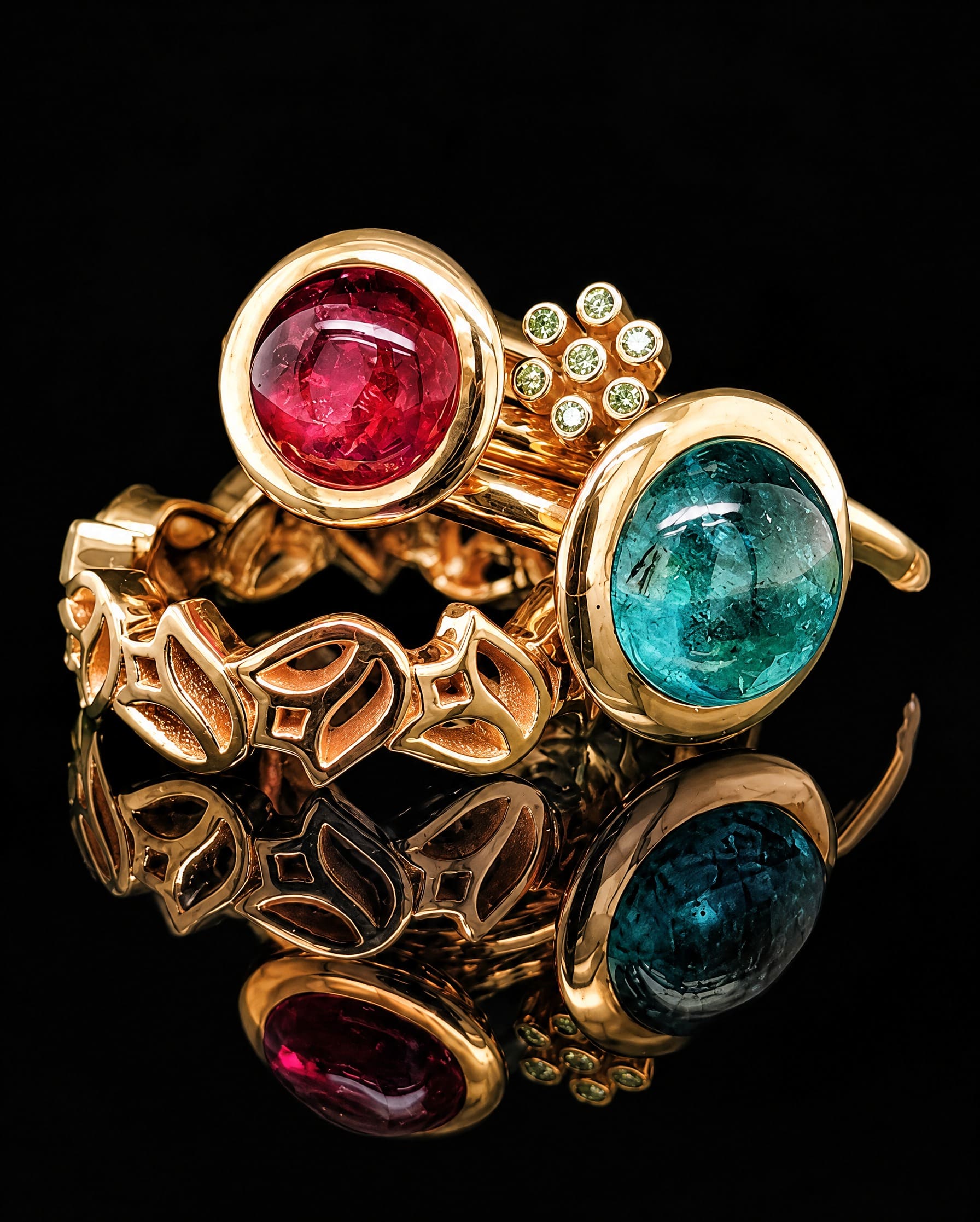 Gestapelde ringen met een roze en een turkooizen cabochon, met kleine gele diamanten ertussen.