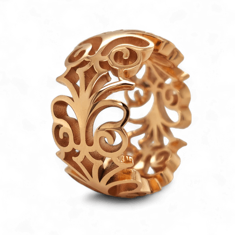 Rosé gouden ring met groot, open krulwerk.