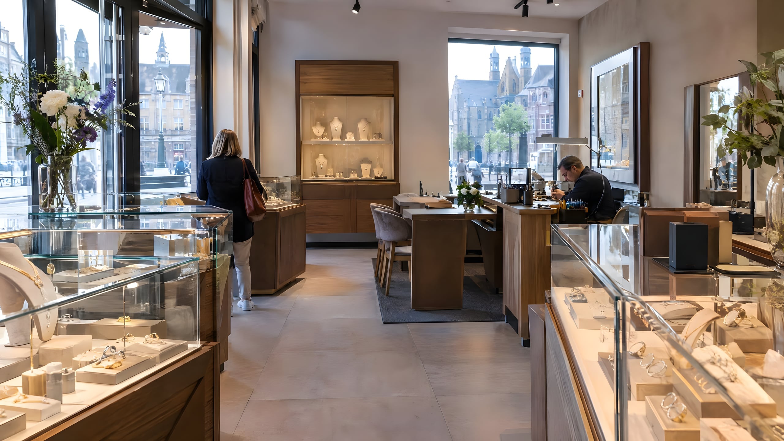 Juwelierszaak met verlichte vitrines, een goudsmid aan de werkbank en uitzicht op een historisch plein.